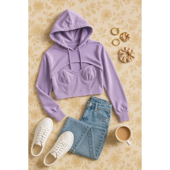 My Michelle Lilac Bustier Hoodie | Cropped Long Sleeve Sweatshirt | Size M - Picture 8 of 8